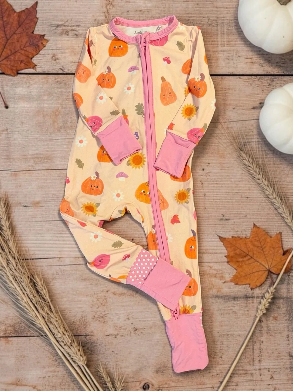 Angel Dear SUPER SOFT Cream Pumpkin Print Footie with Pink Trim